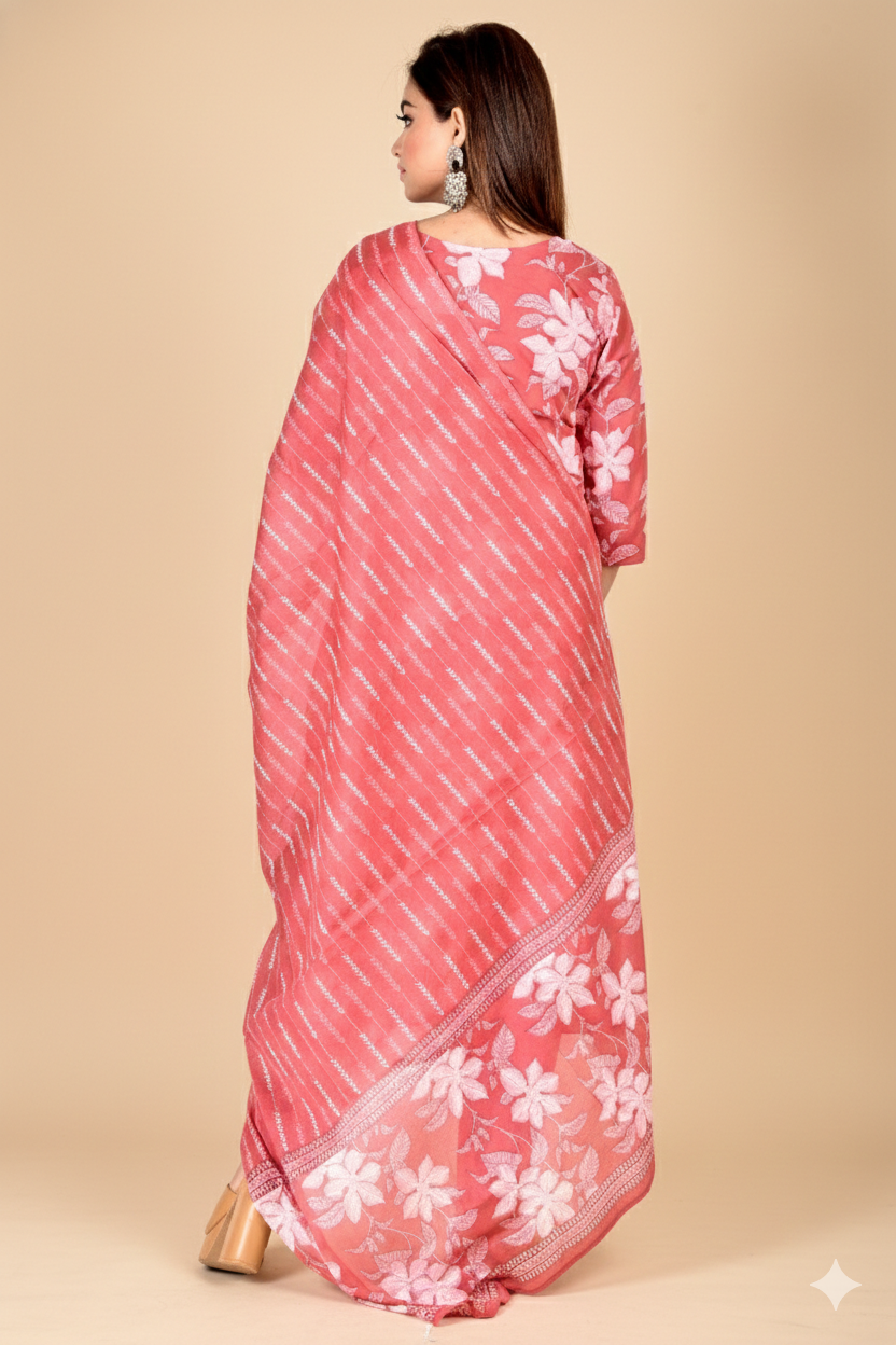 Pink Floral Print  Kurta With Pant & Dupatta