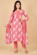 Pink Floral Print  Kurta With Pant & Dupatta
