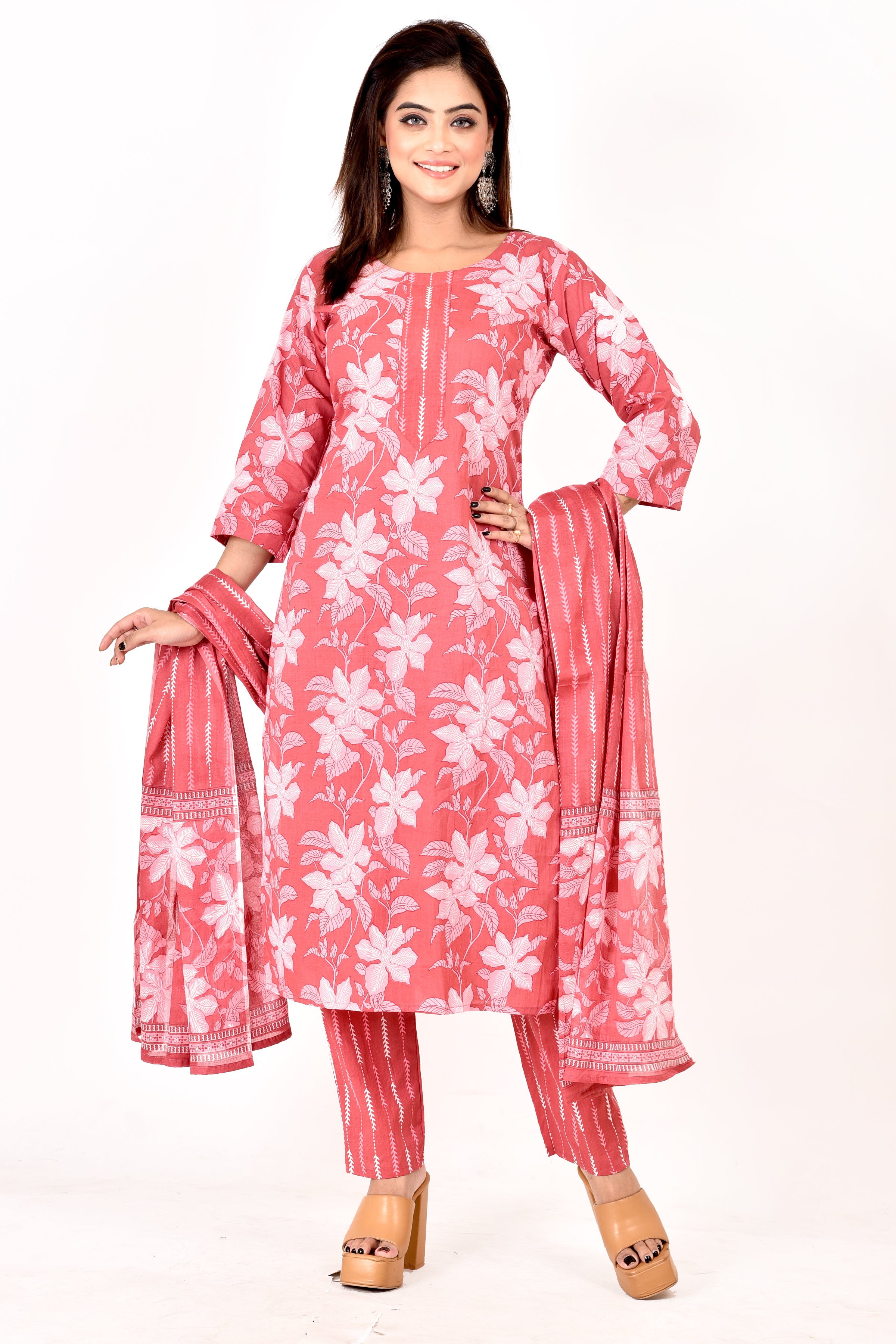 Pink Floral Print  Kurta With Pant & Dupatta