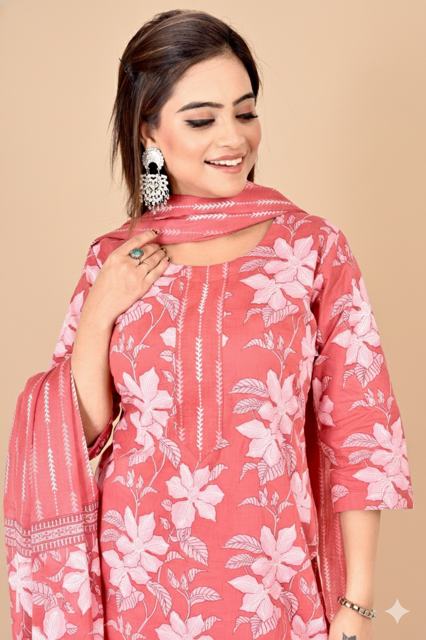 Pink Floral Print  Kurta With Pant & Dupatta