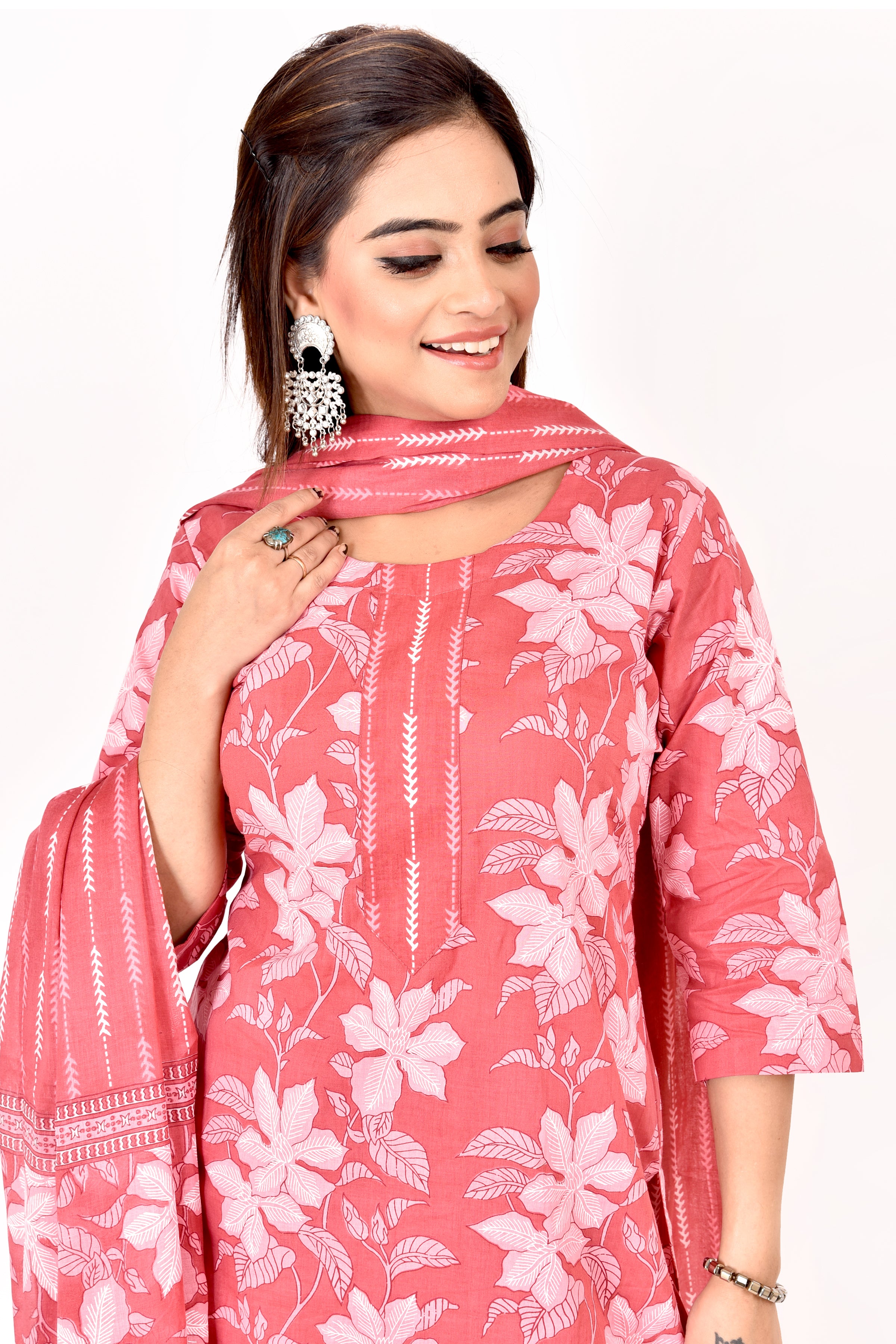 Pink Floral Print  Kurta With Pant & Dupatta