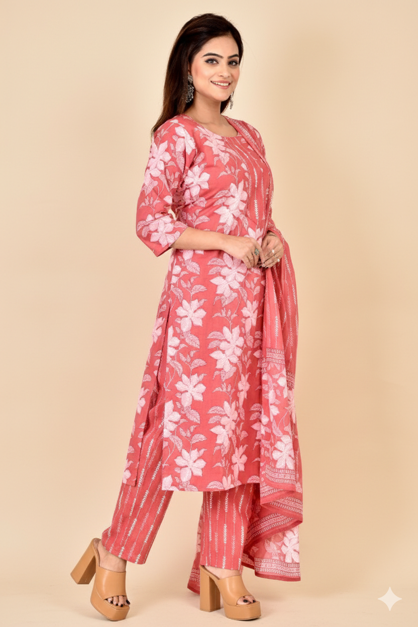 Pink Floral Print  Kurta With Pant & Dupatta
