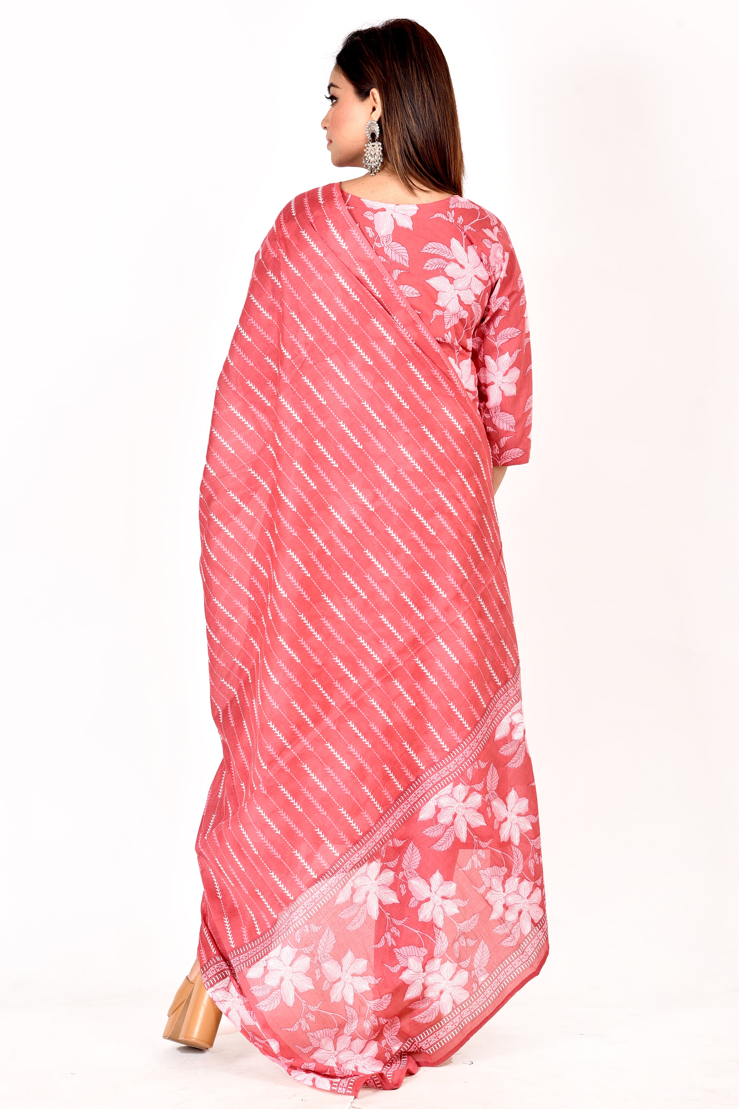 Pink Floral Print  Kurta With Pant & Dupatta