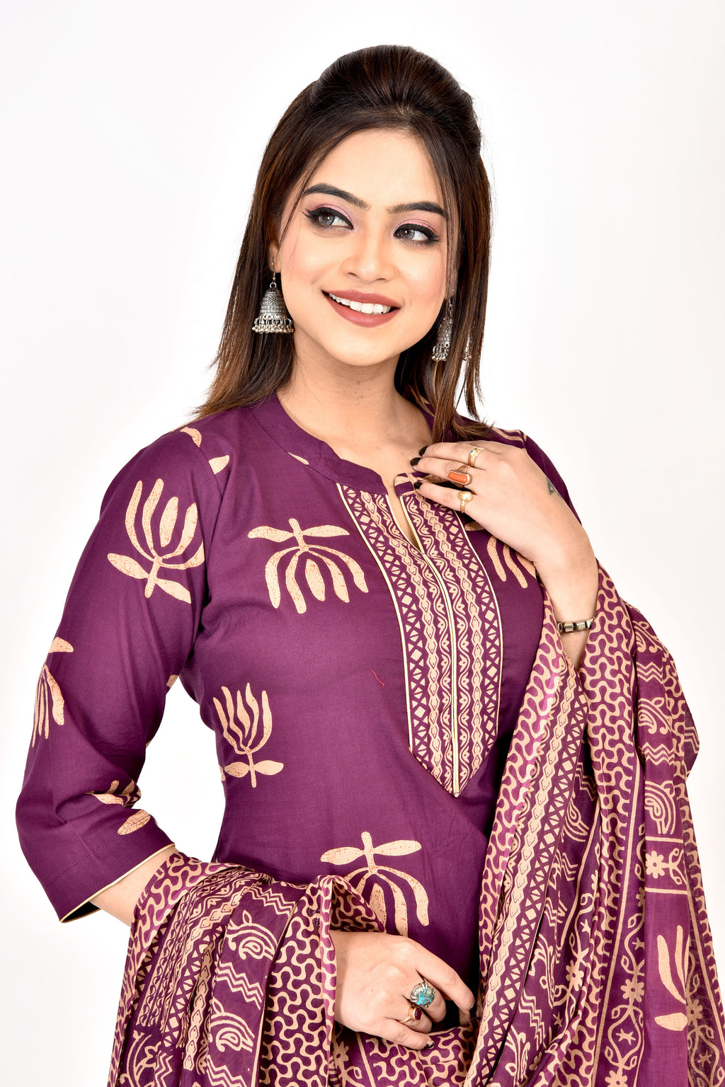Purple Lotus Print Kurta With Pant & Dupatta