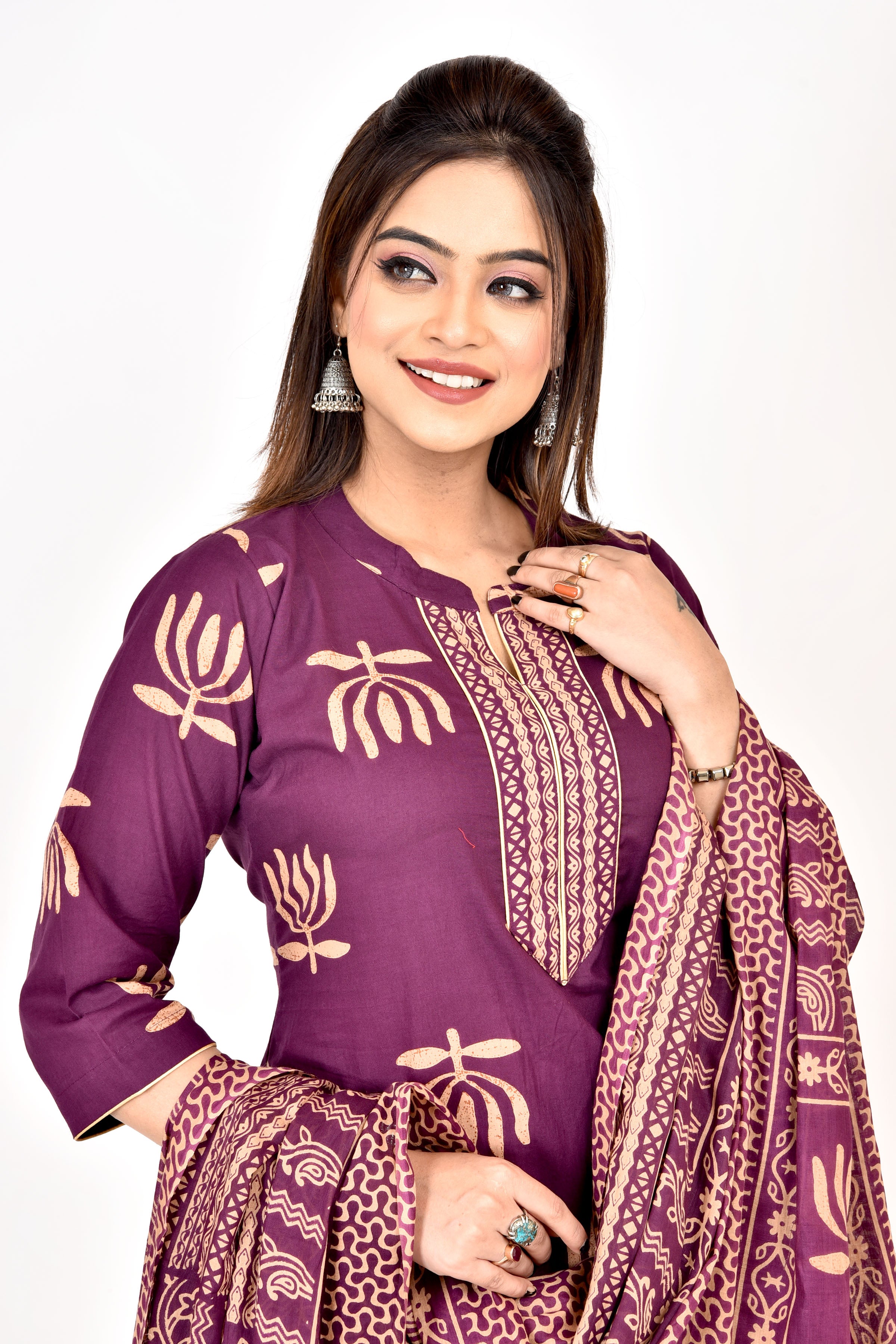 Purple Lotus Print Kurta With Pant & Dupatta