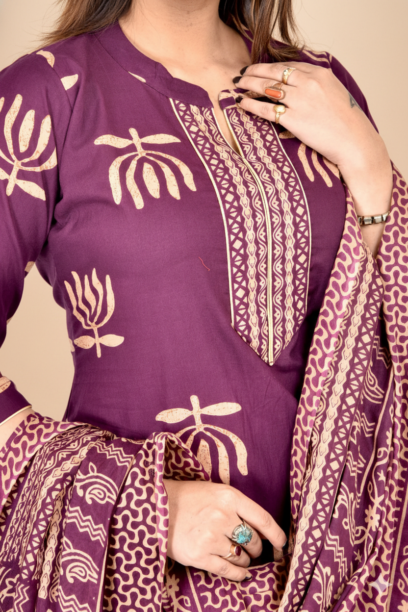 Purple Lotus Print Kurta With Pant & Dupatta
