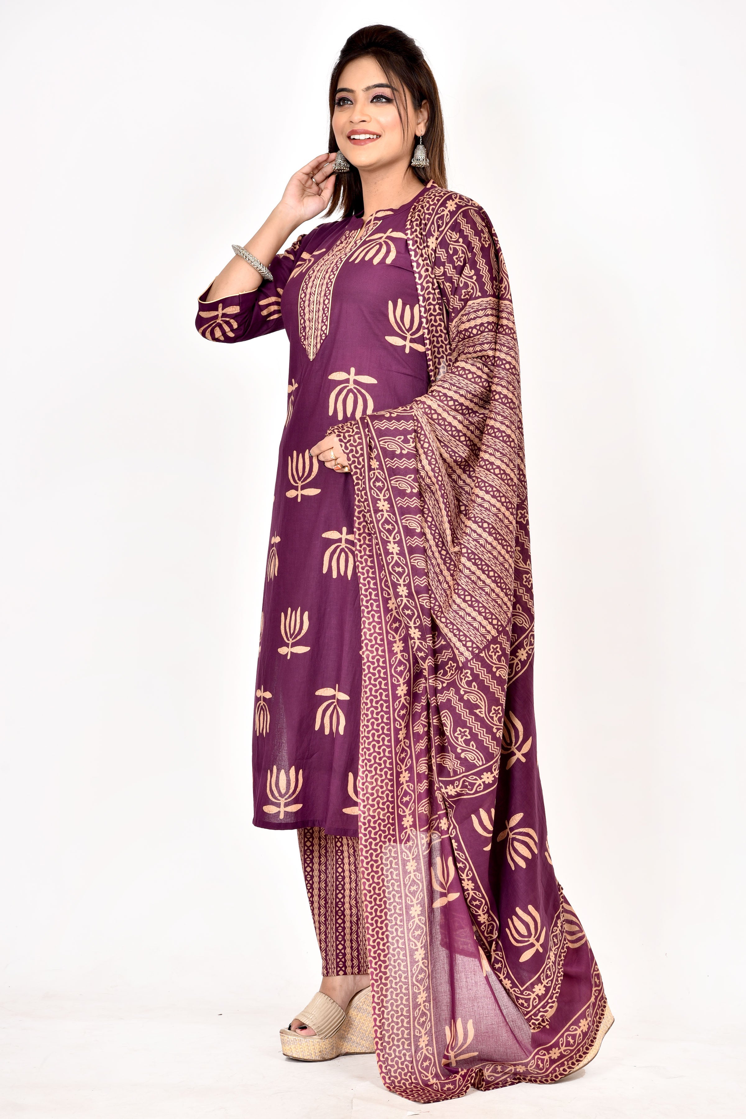 Purple Lotus Print Kurta With Pant & Dupatta