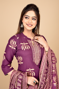 Purple Lotus Print Kurta With Pant & Dupatta