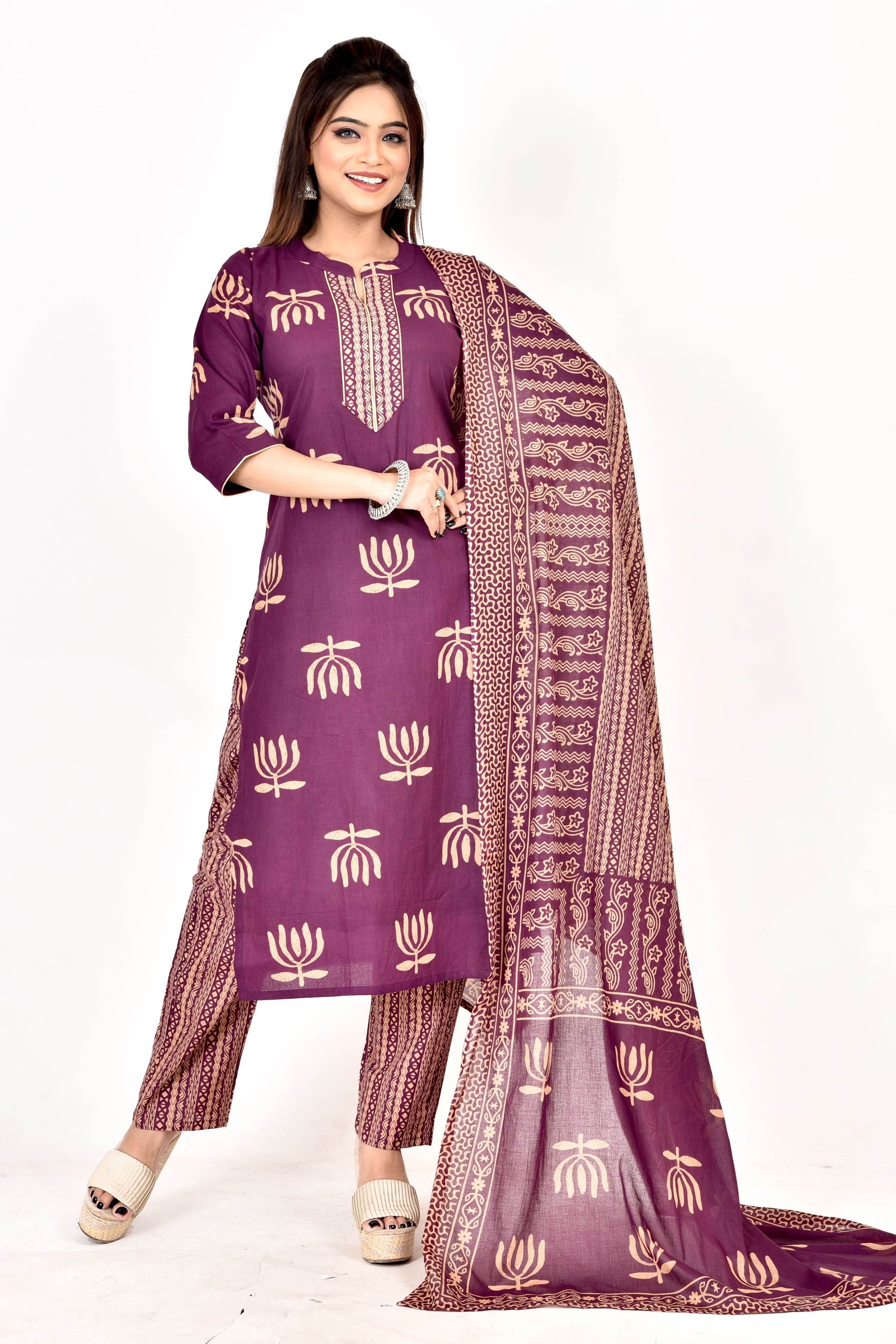 Purple Lotus Print Kurta With Pant & Dupatta