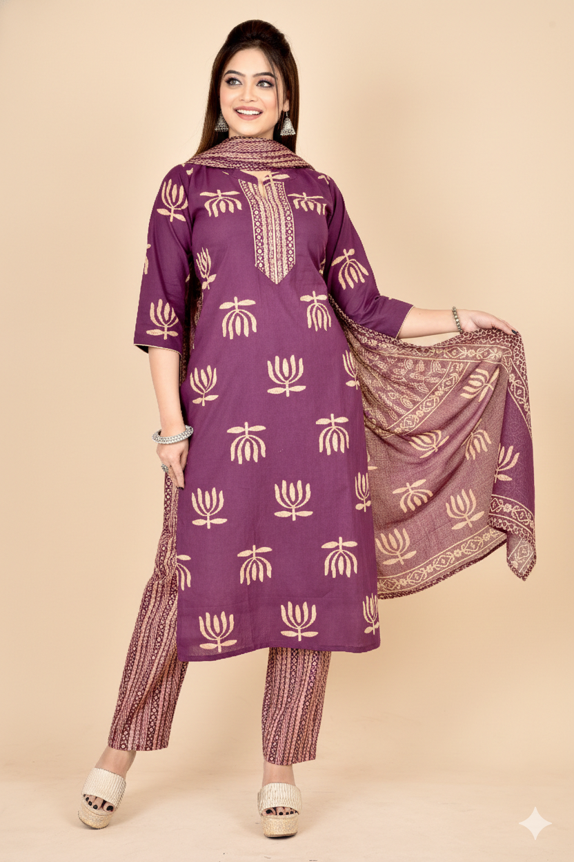 Purple Lotus Print Kurta With Pant & Dupatta