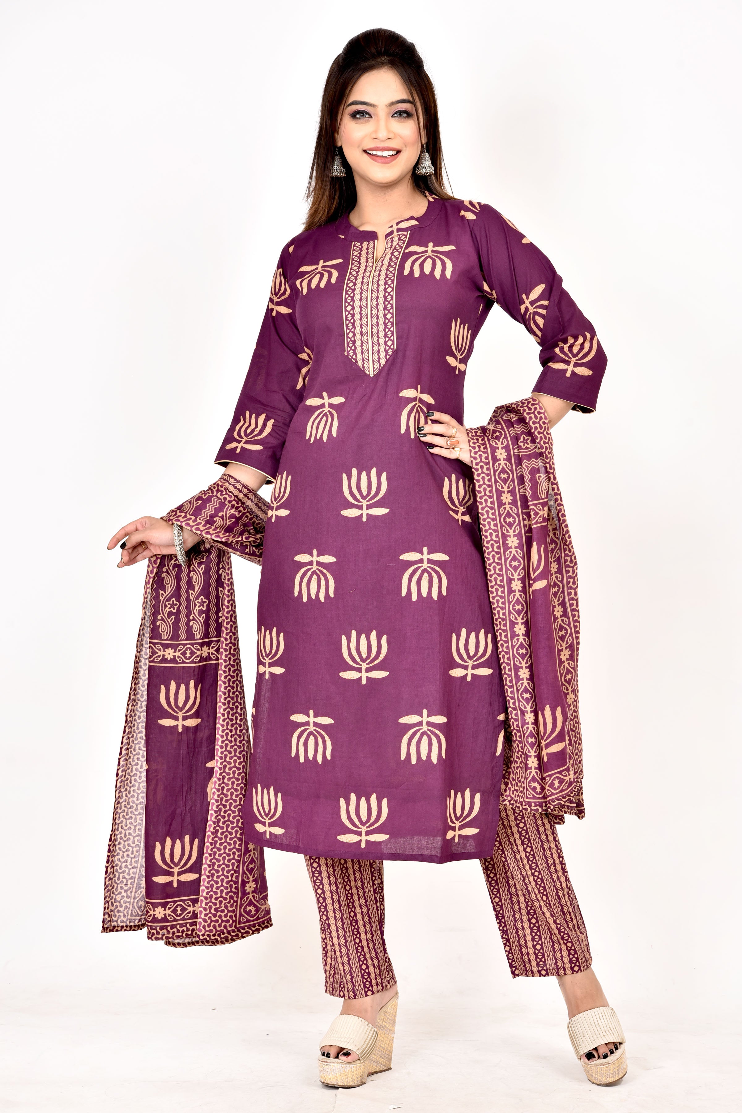Purple Lotus Print Kurta With Pant & Dupatta