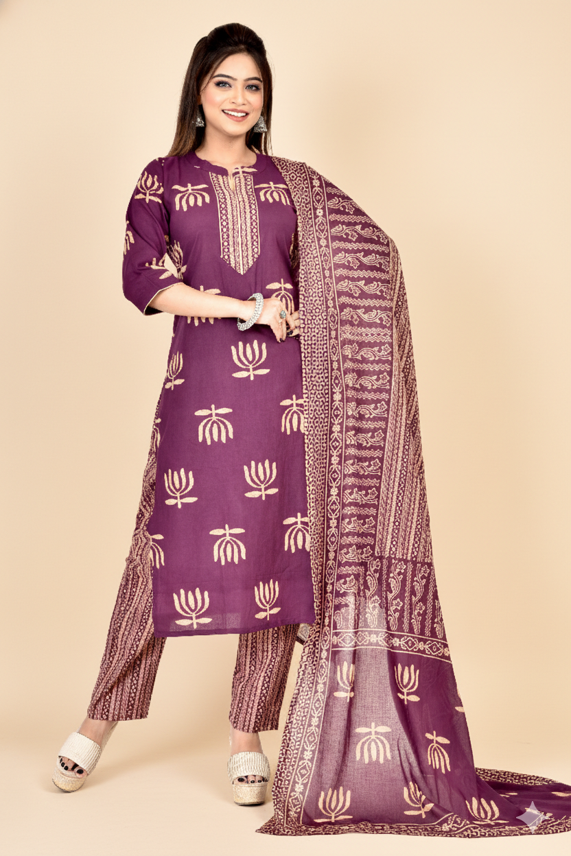 Purple Lotus Print Kurta With Pant & Dupatta
