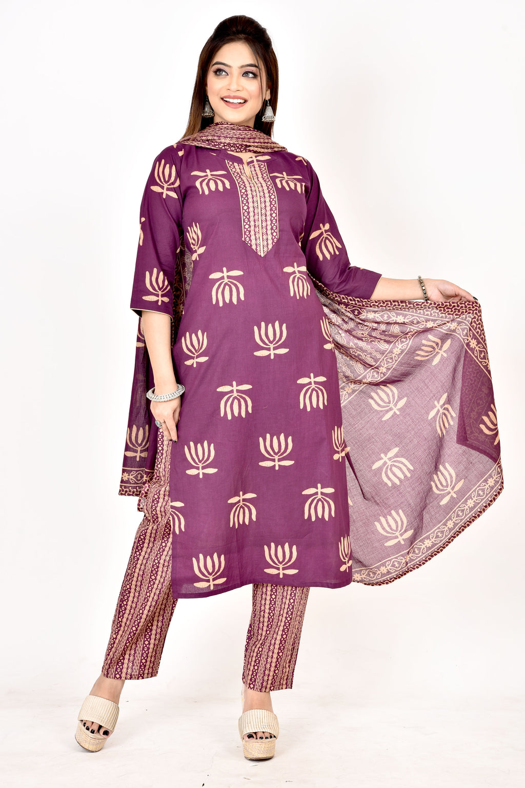 Purple Lotus Print Kurta With Pant & Dupatta