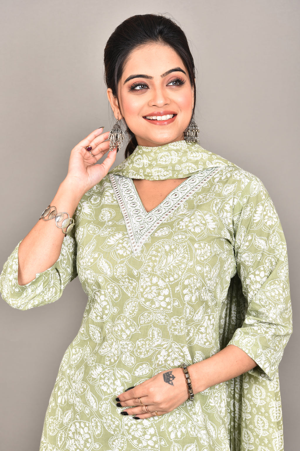 Light Green Embroidered Kurta With Pant & Dupatta