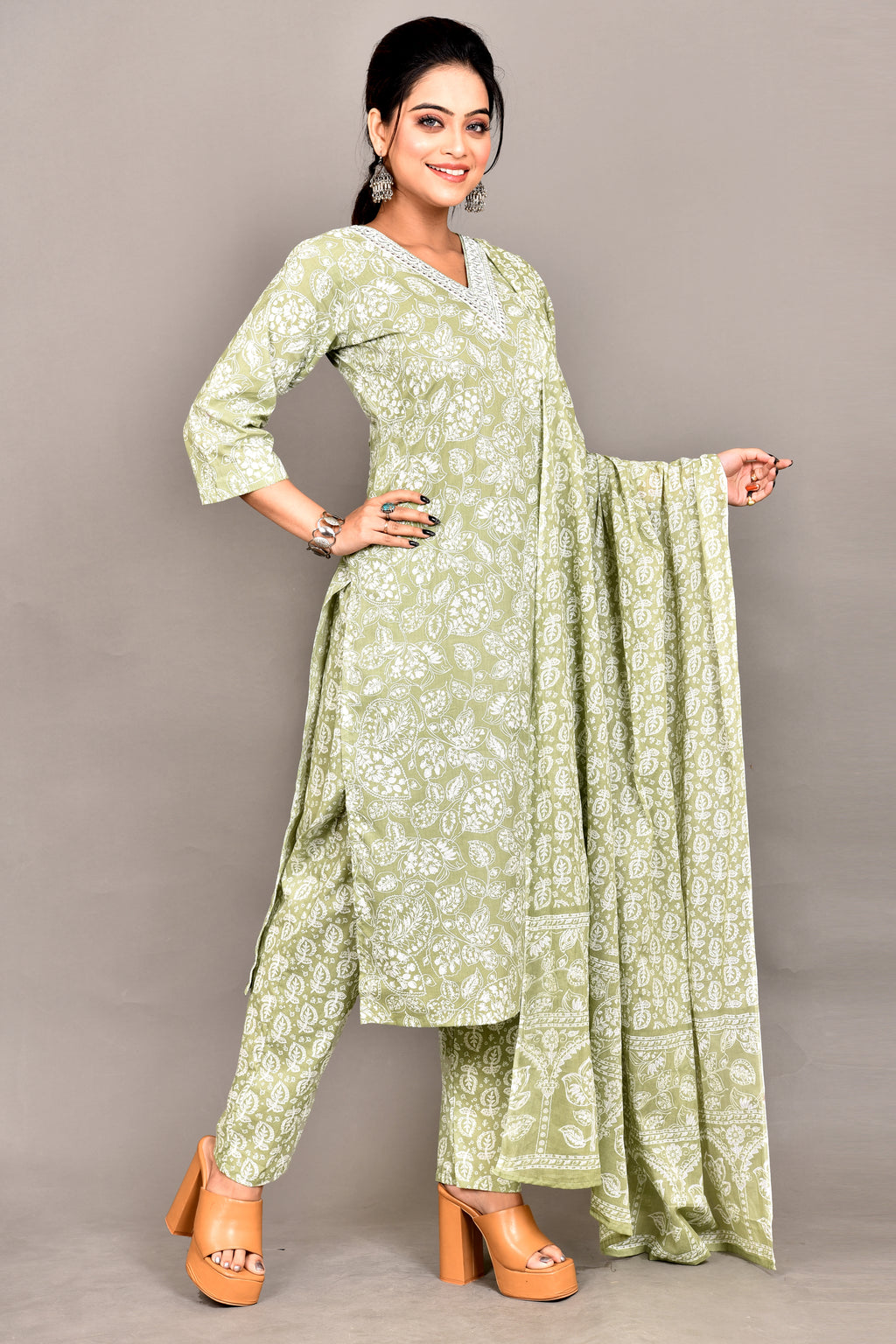 Light Green Embroidered Kurta With Pant & Dupatta