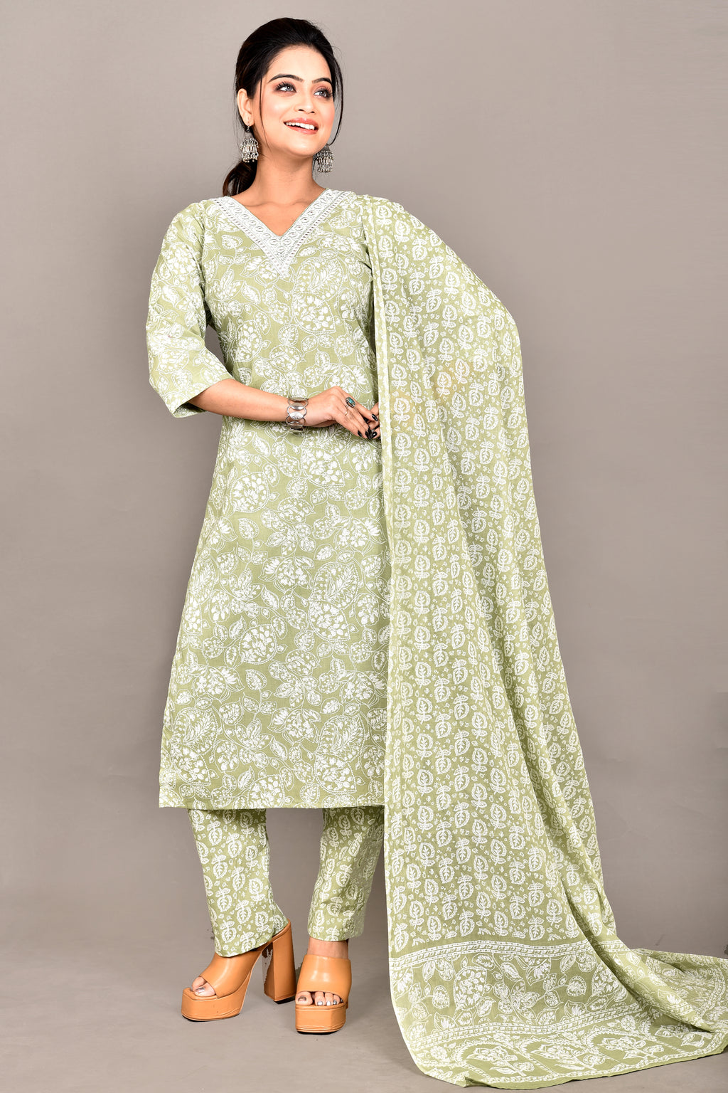 Light Green Embroidered Kurta With Pant & Dupatta