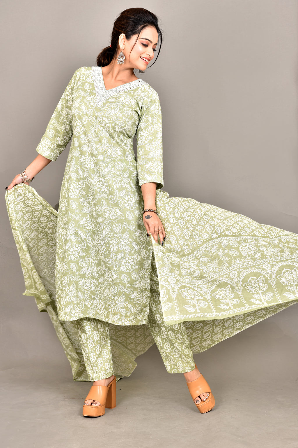 Light Green Embroidered Kurta With Pant & Dupatta