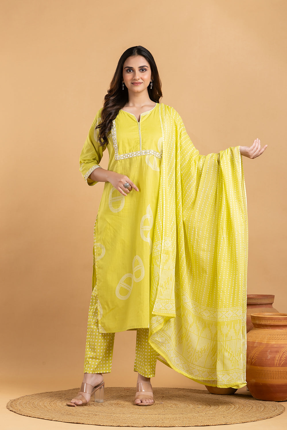 Lime Green Floral Embroidered Kurta With Pant & Dupatta