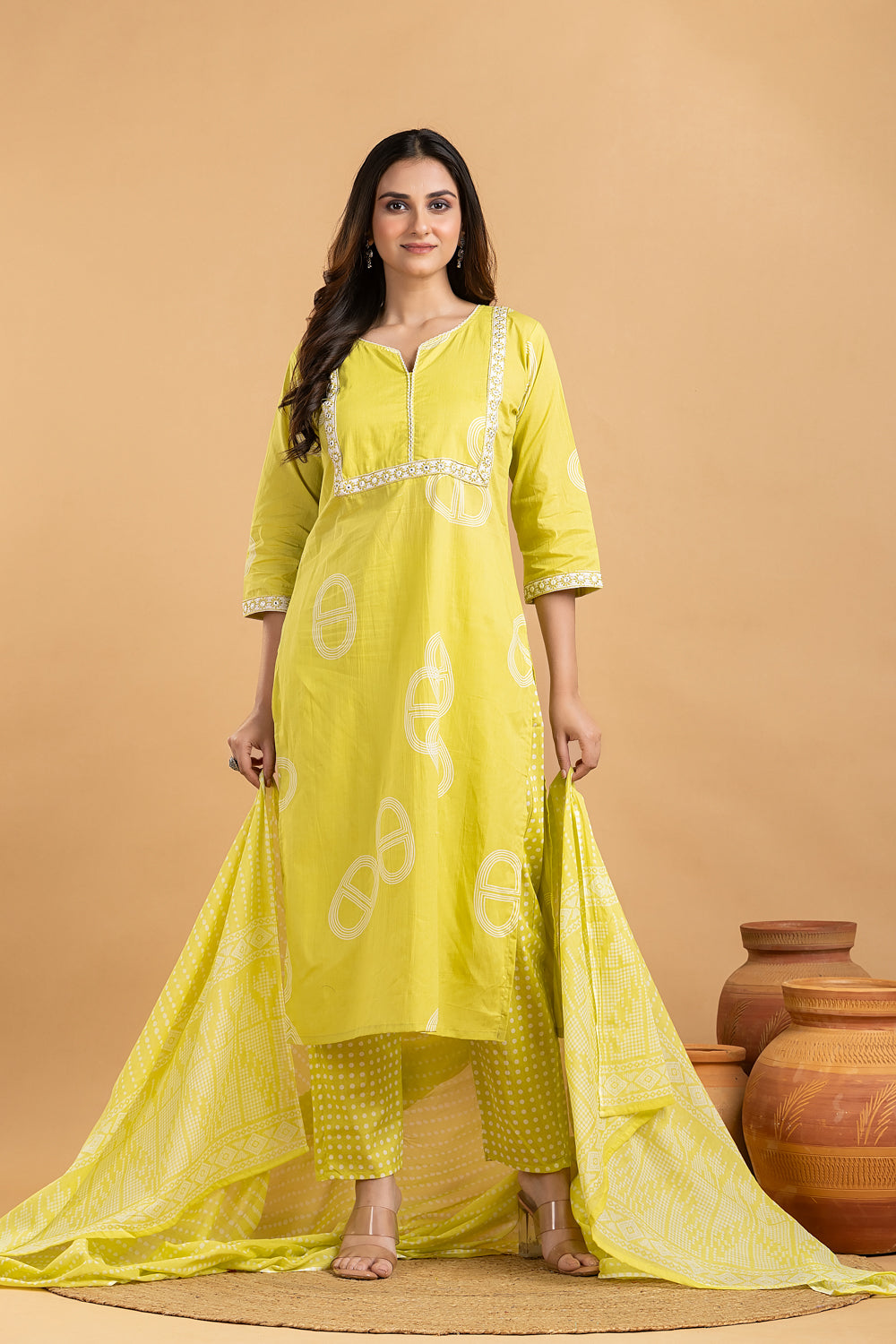 Lime Green Floral Embroidered Kurta With Pant & Dupatta