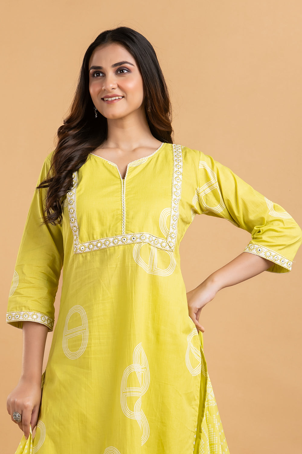 Lime Green Floral Embroidered Kurta With Pant & Dupatta