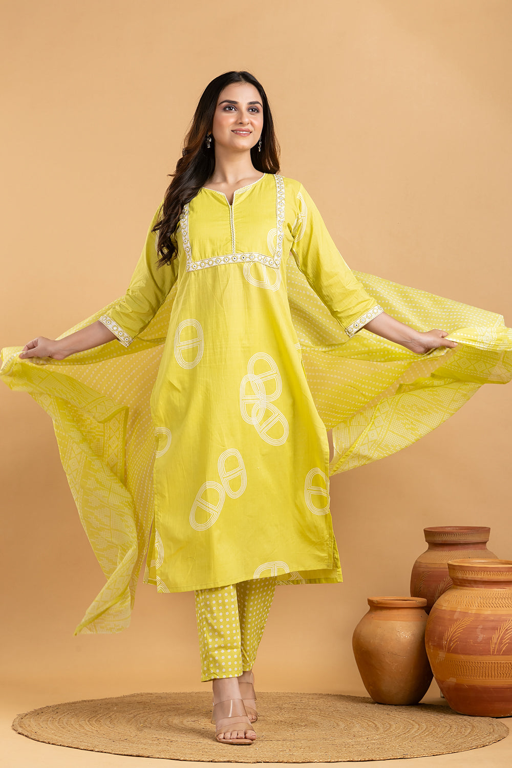 Lime Green Floral Embroidered Kurta With Pant & Dupatta
