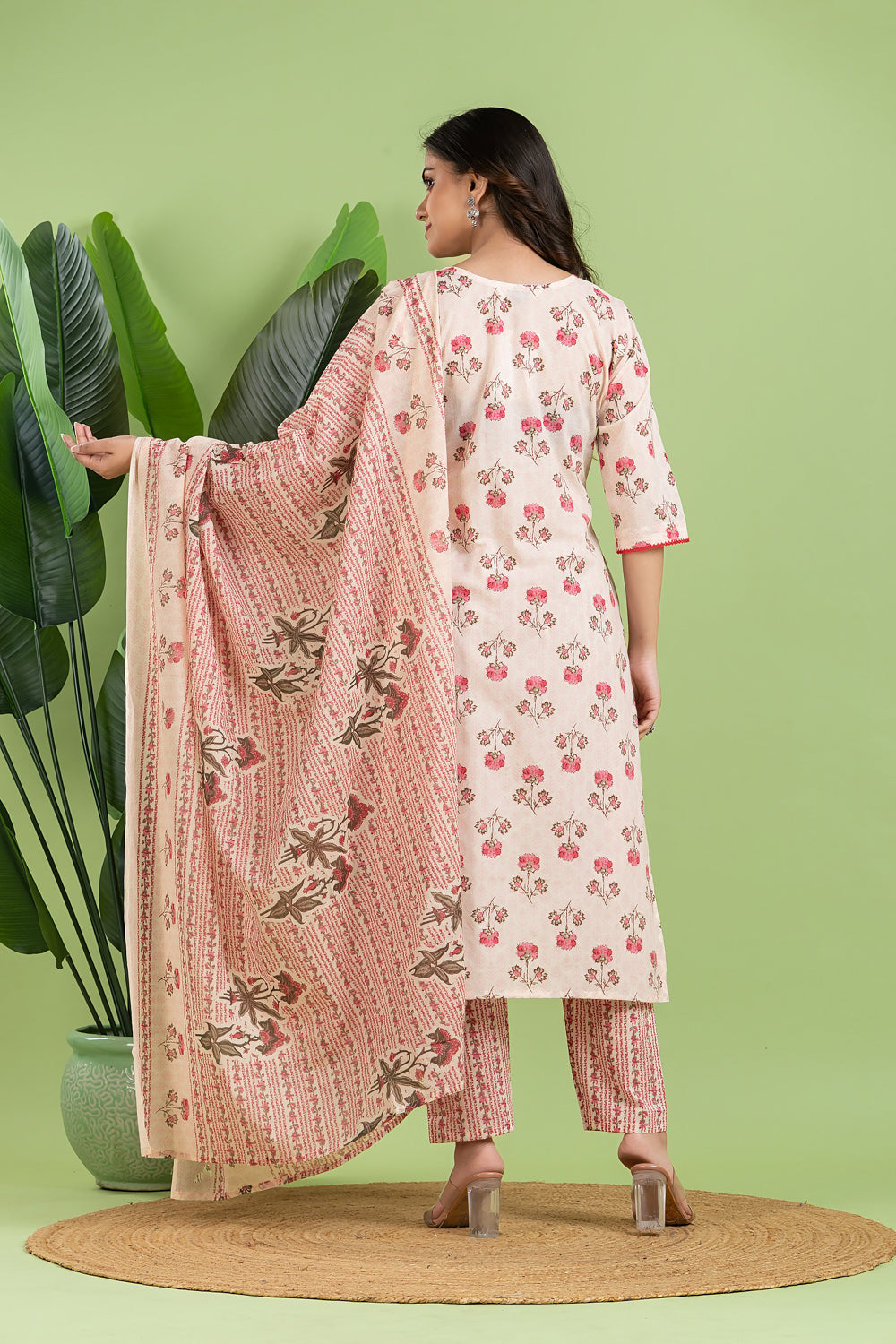 Off-White & Pink Embroidered Kurta With Pant & Dupatta