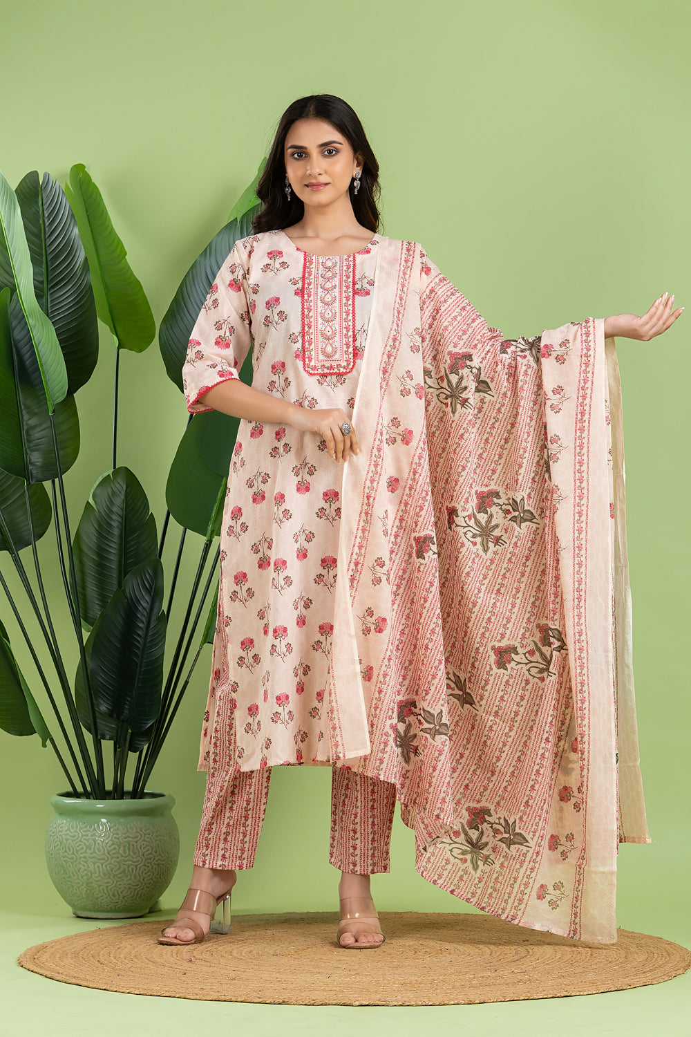 Off-White & Pink Embroidered Kurta With Pant & Dupatta