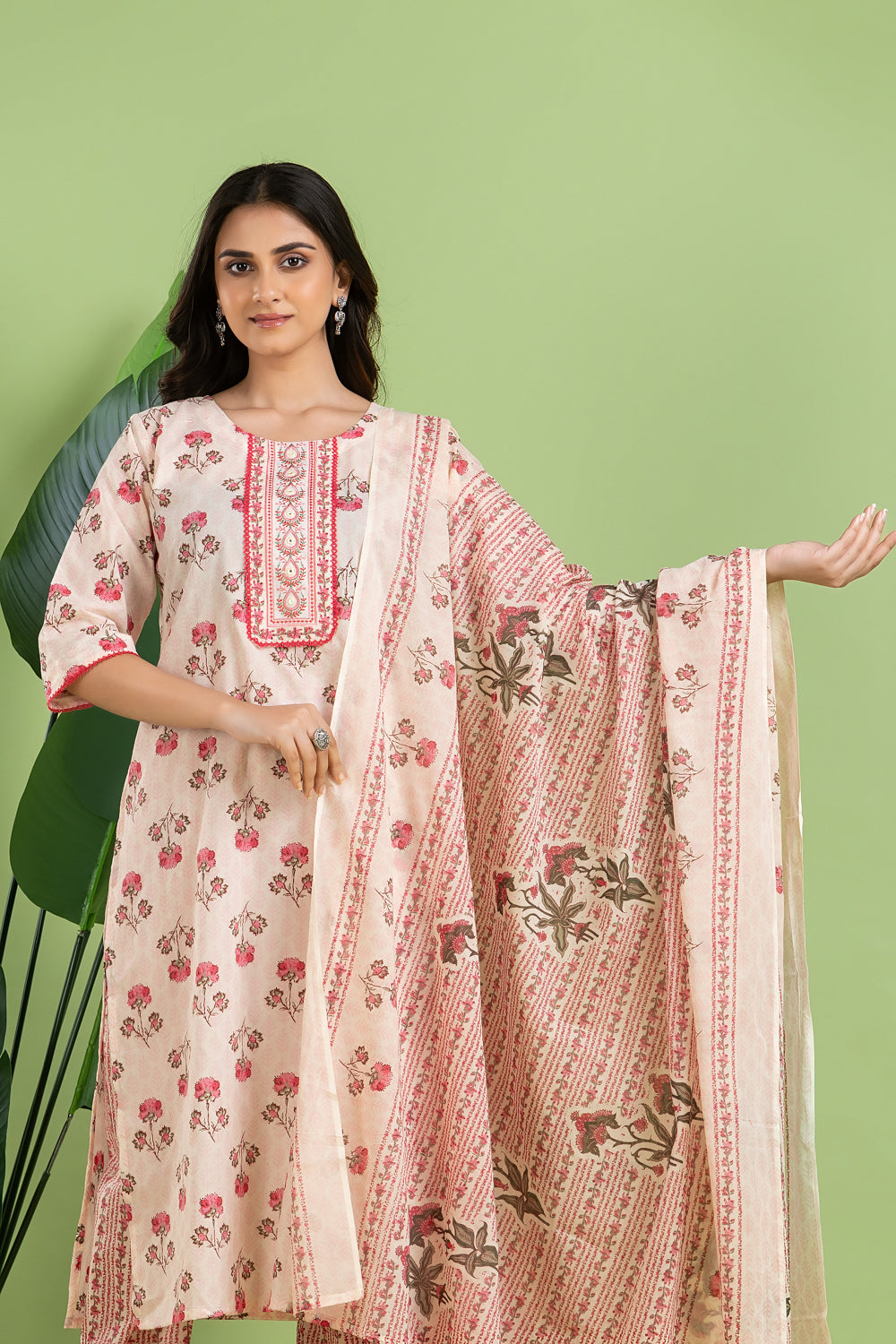 Off-White & Pink Embroidered Kurta With Pant & Dupatta
