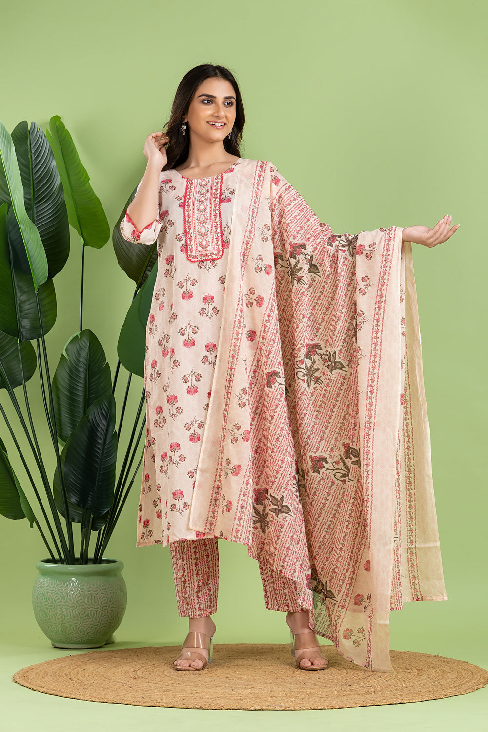 Off-White & Pink Embroidered Kurta With Pant & Dupatta