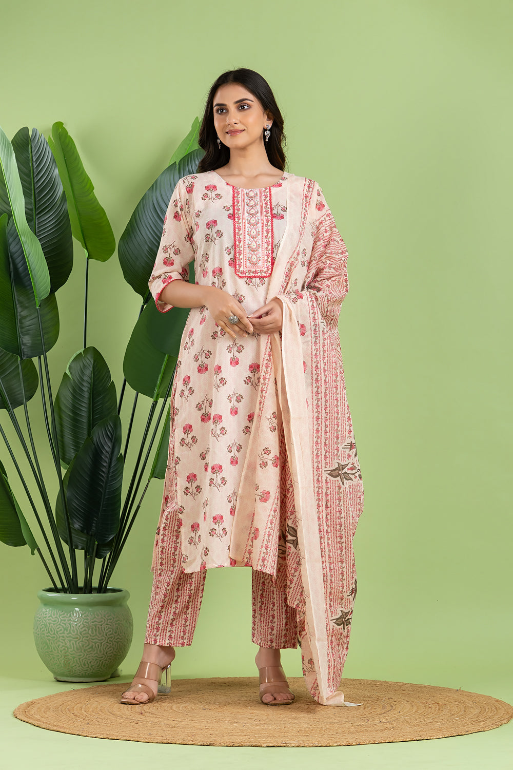 Off-White & Pink Embroidered Kurta With Pant & Dupatta