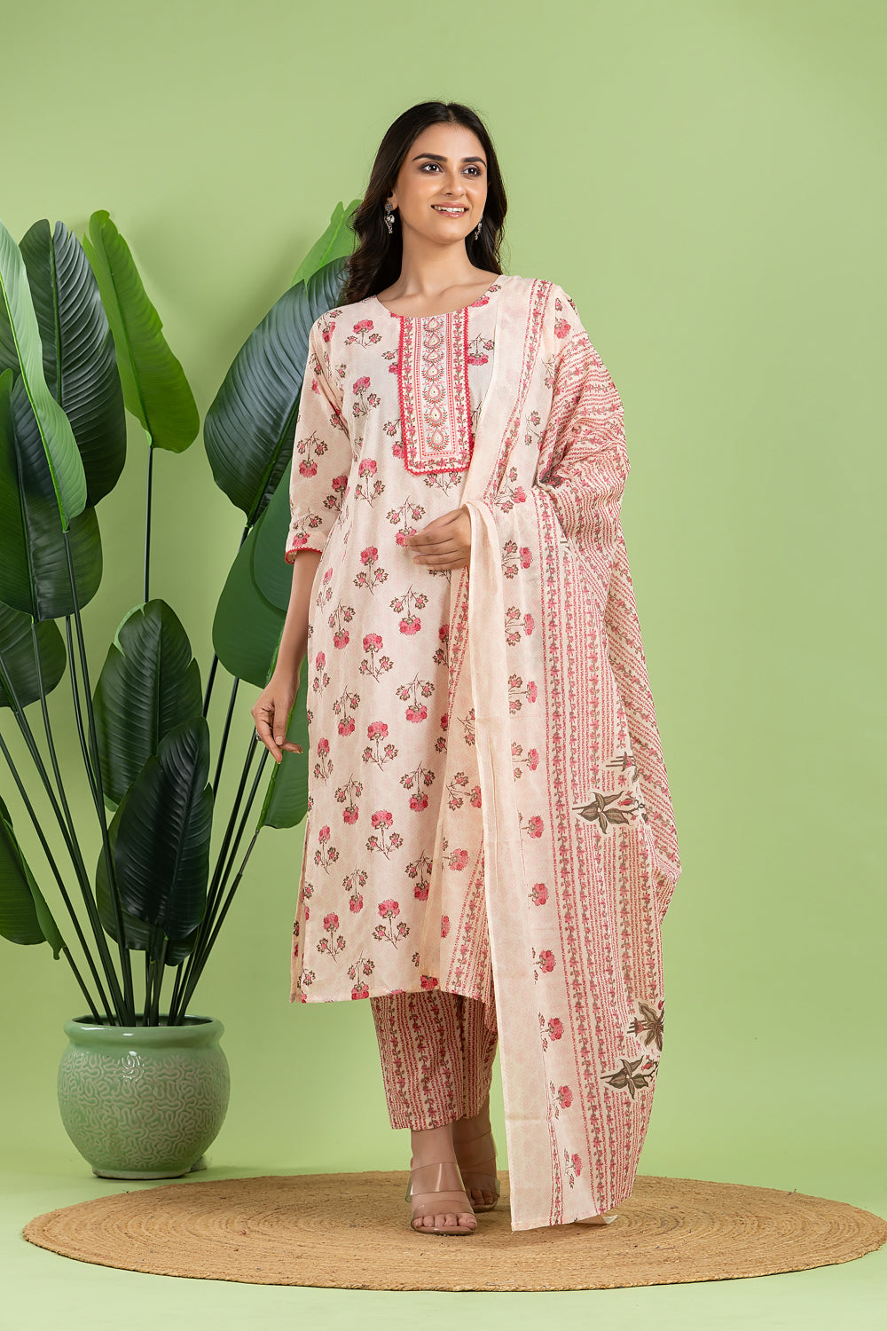 Off-White & Pink Embroidered Kurta With Pant & Dupatta
