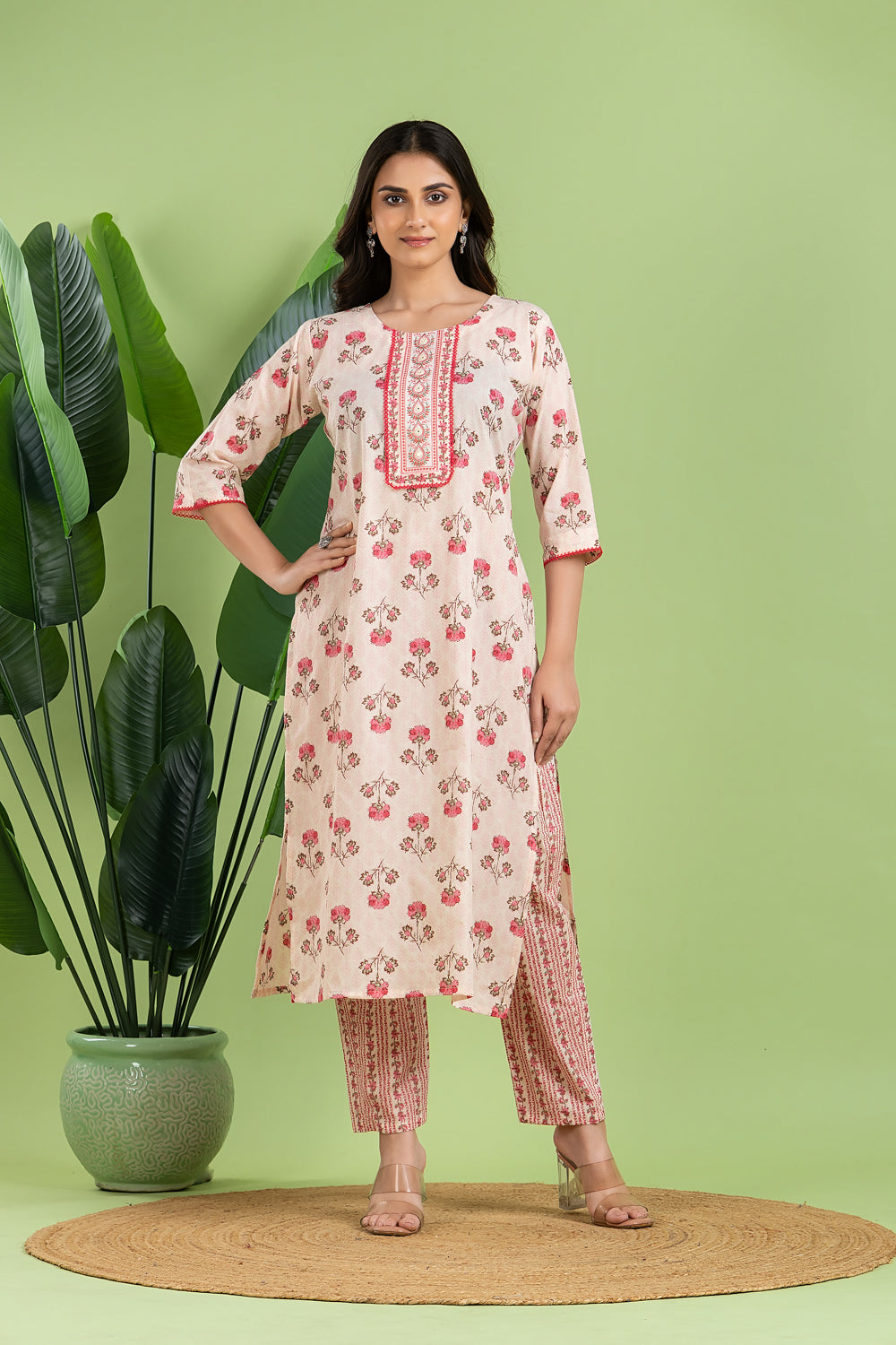 Off-White & Pink Embroidered Kurta With Pant & Dupatta