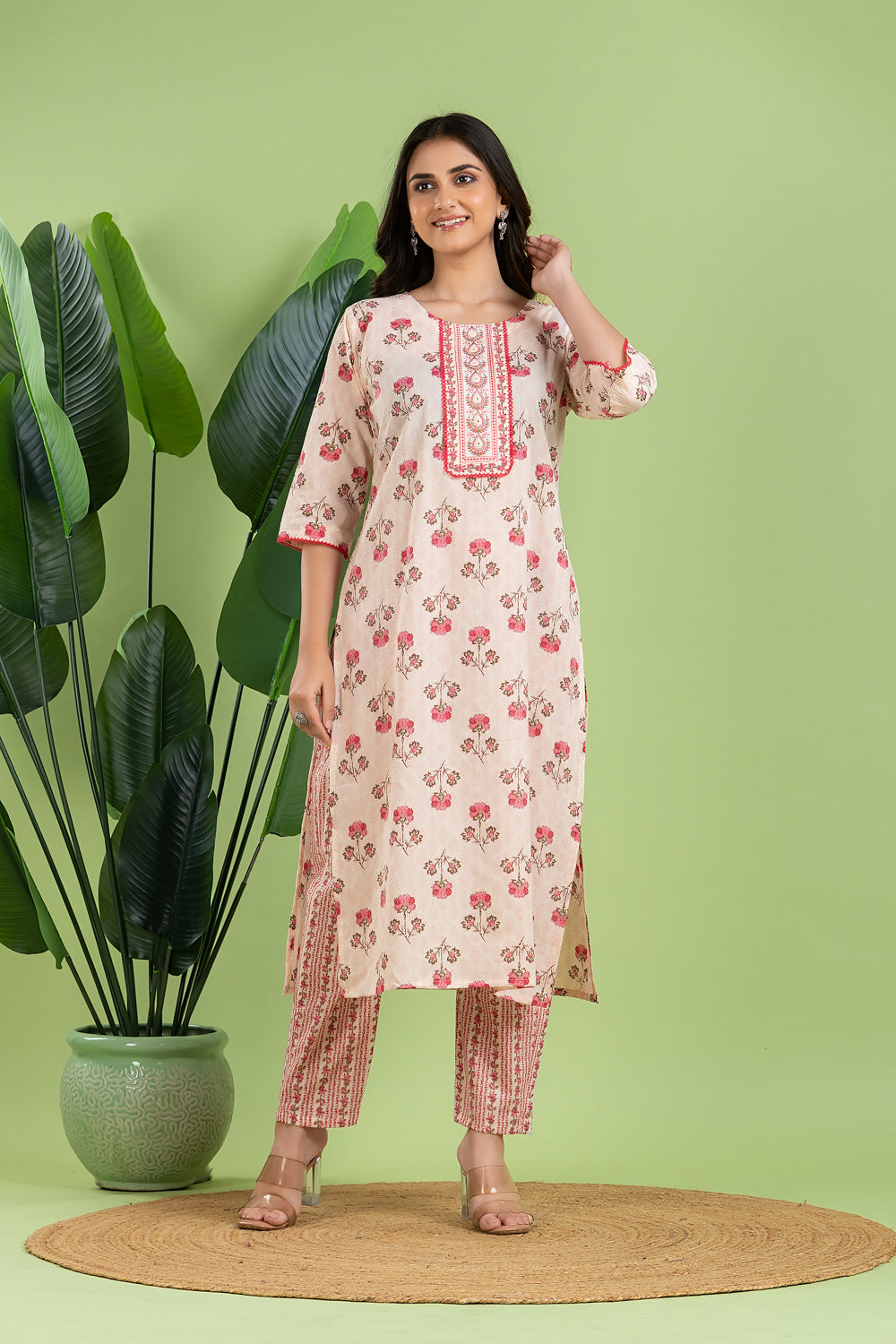 Off-White & Pink Embroidered Kurta With Pant & Dupatta