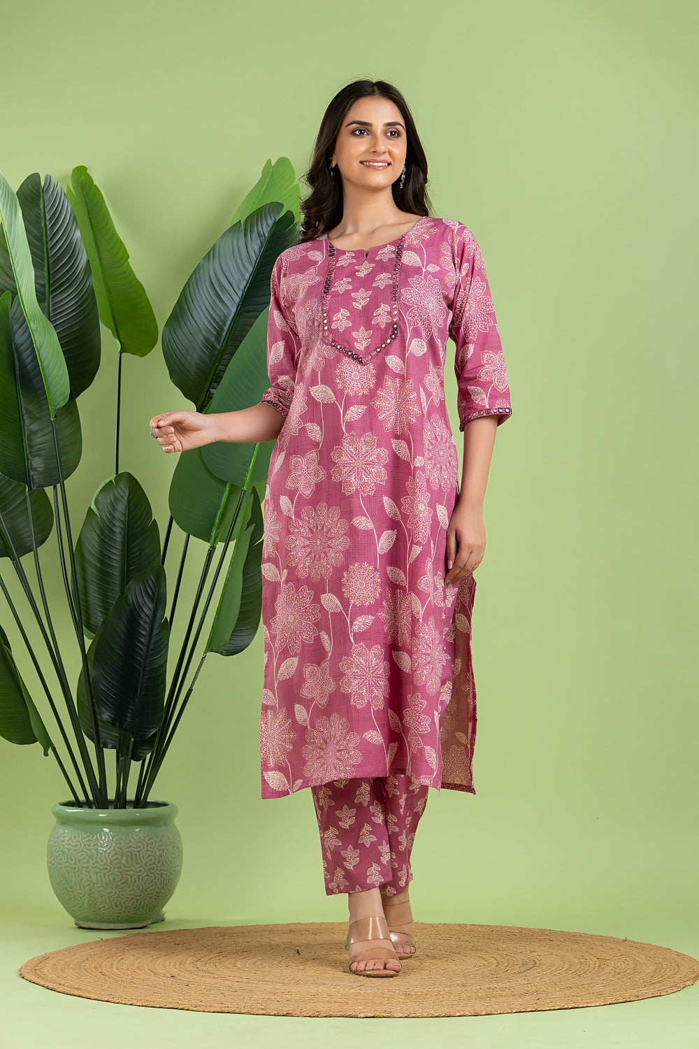 Dusty Pink Embroidered Kurta With Pant & Dupatta