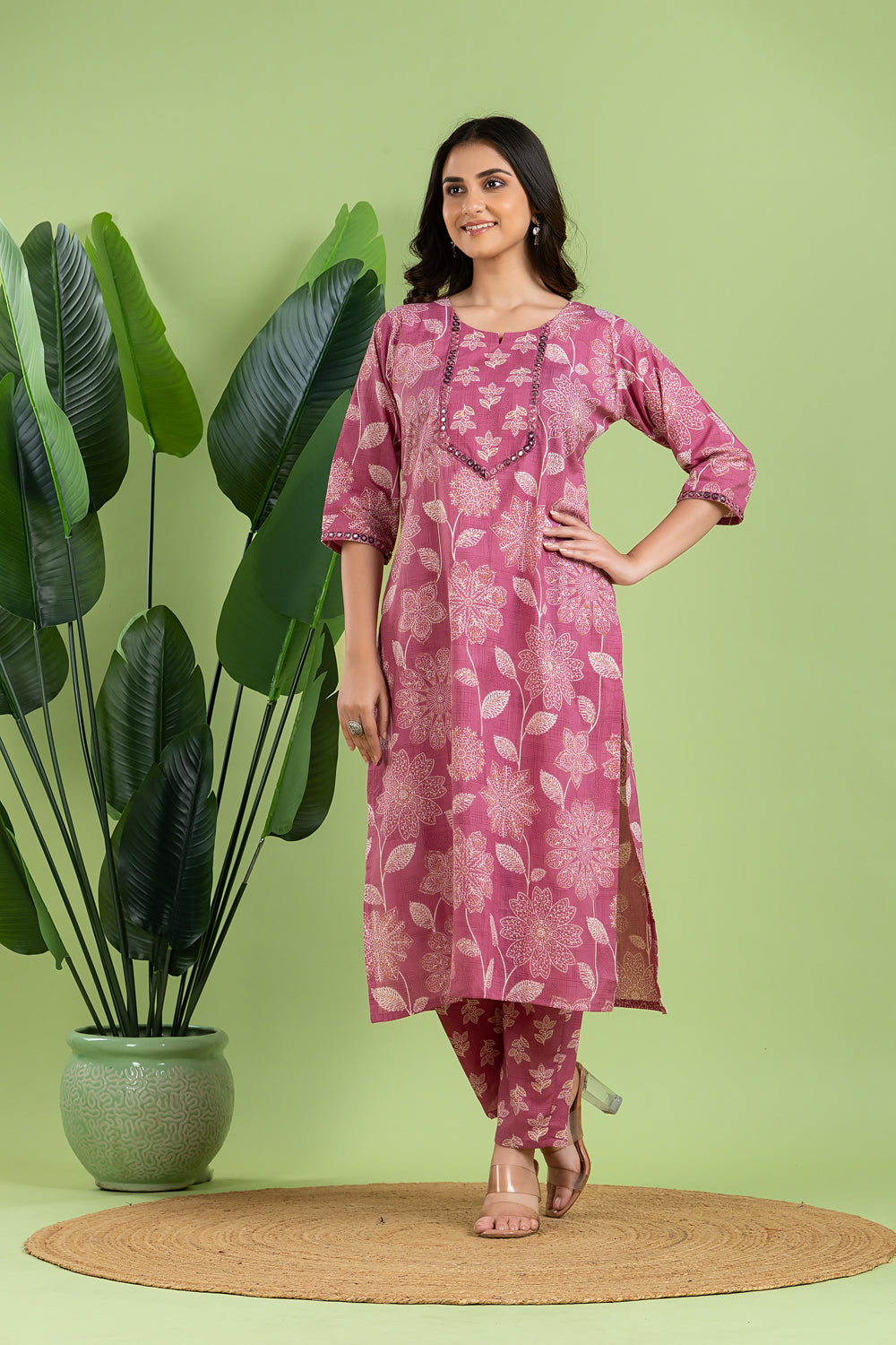 Dusty Pink Embroidered Kurta With Pant & Dupatta