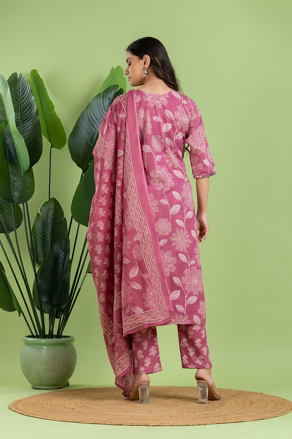 Dusty Pink Embroidered Kurta With Pant & Dupatta