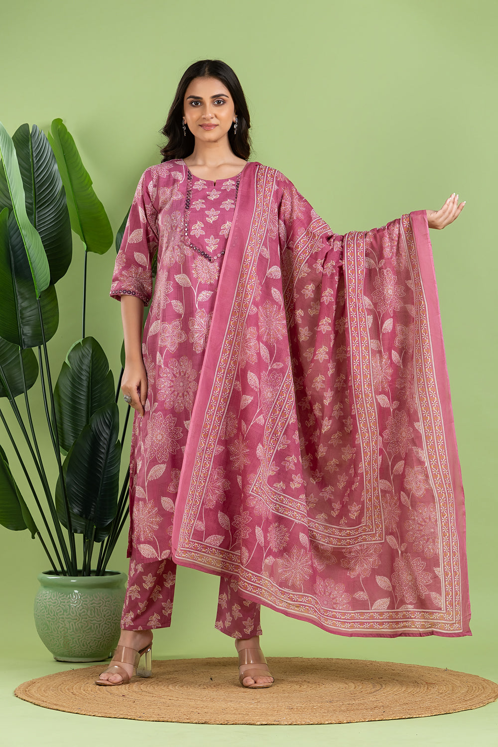Dusty Pink Embroidered Kurta With Pant & Dupatta