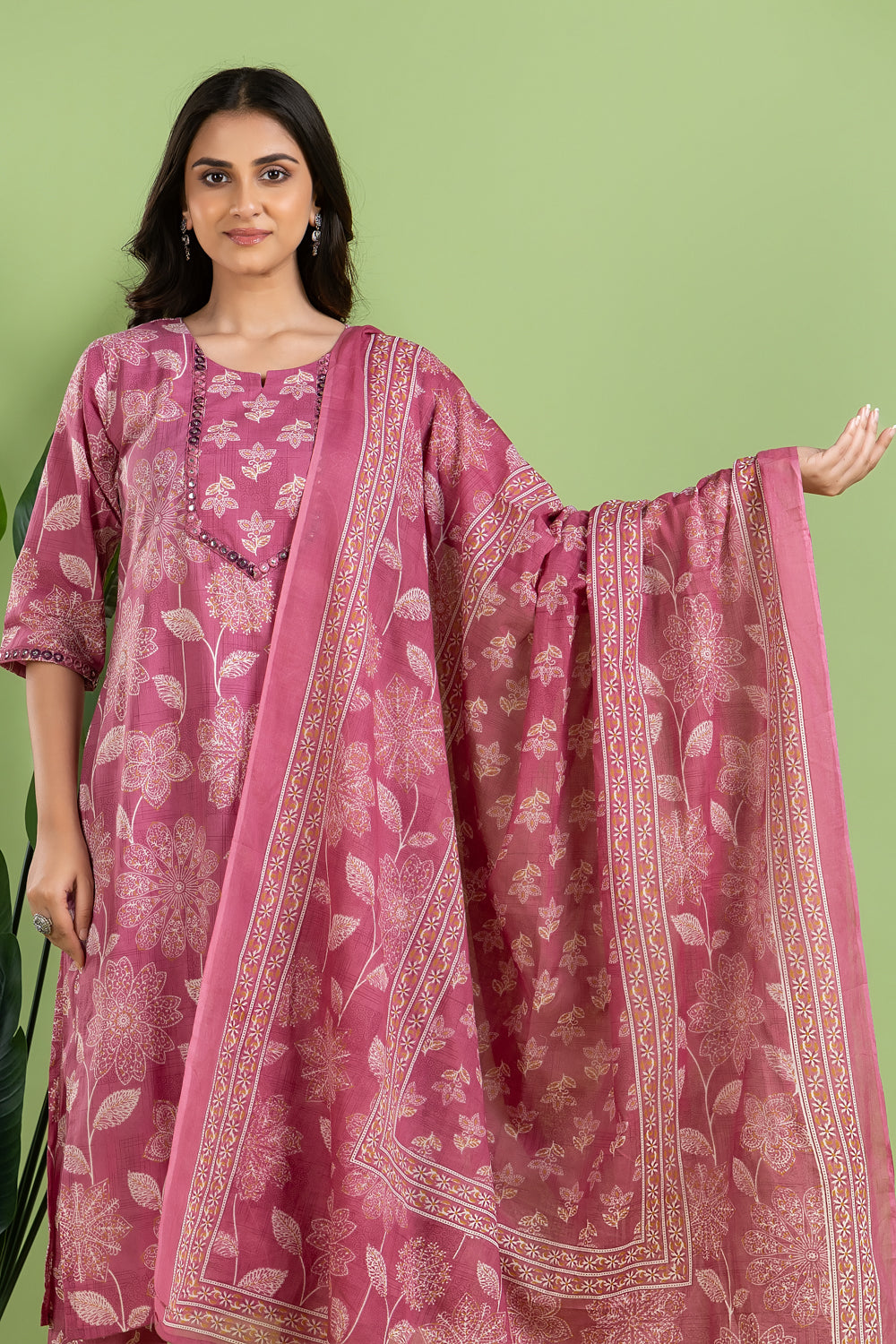 Dusty Pink Embroidered Kurta With Pant & Dupatta