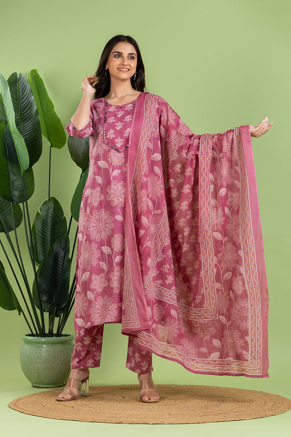 Dusty Pink Embroidered Kurta With Pant & Dupatta
