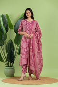 Dusty Pink Embroidered Kurta With Pant & Dupatta