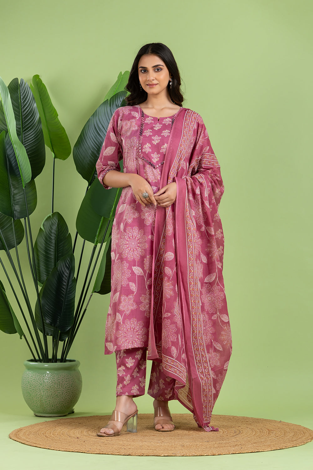 Dusty Pink Embroidered Kurta With Pant & Dupatta