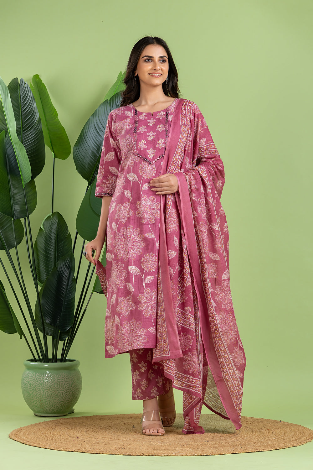 Dusty Pink Embroidered Kurta With Pant & Dupatta