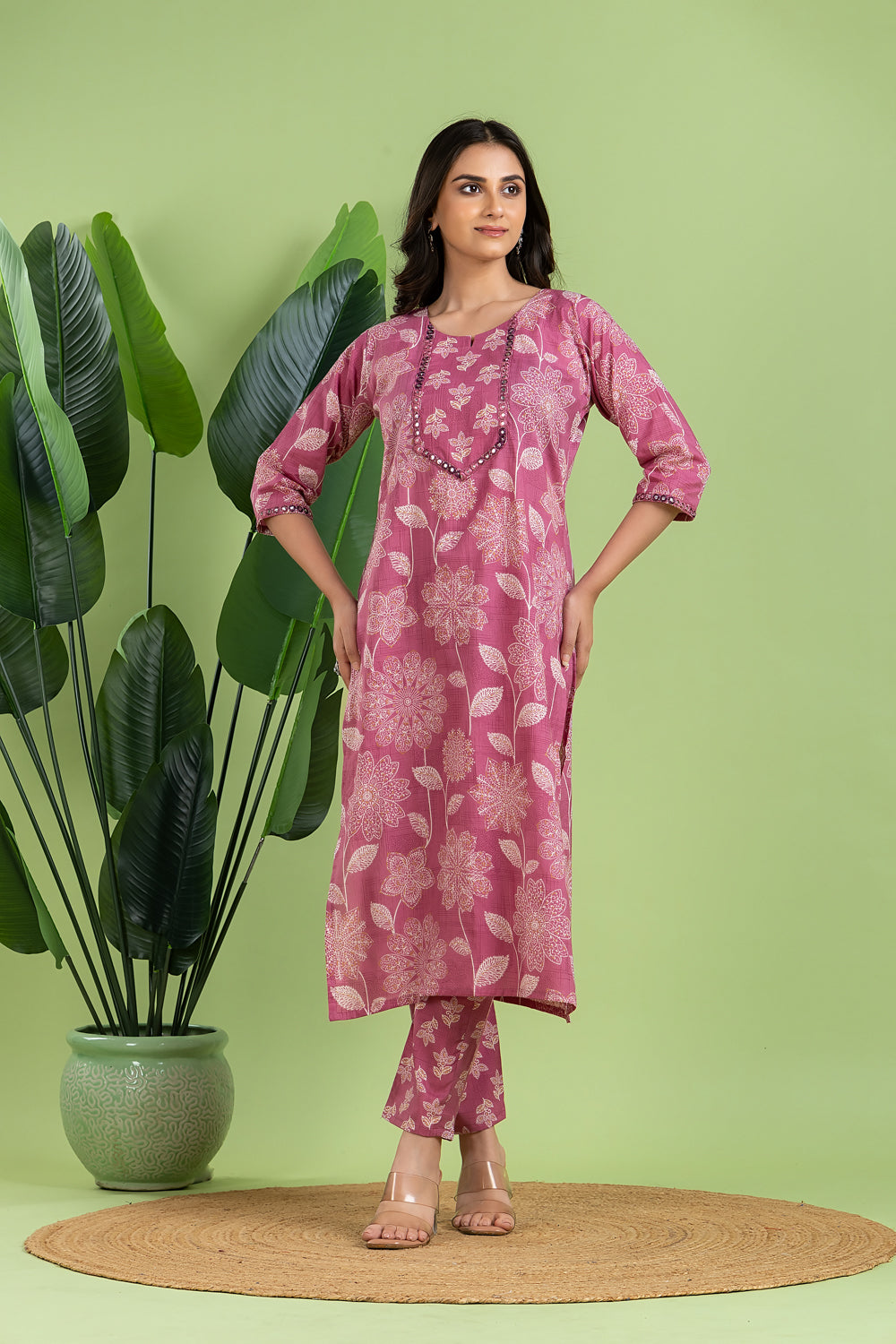 Dusty Pink Embroidered Kurta With Pant & Dupatta