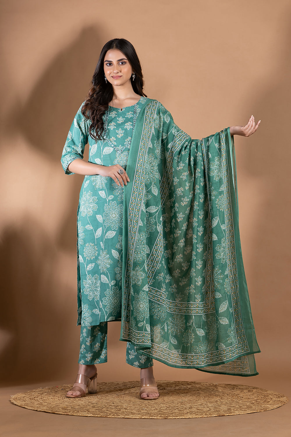 Green Embroidered Kurta With Pant & Dupatta