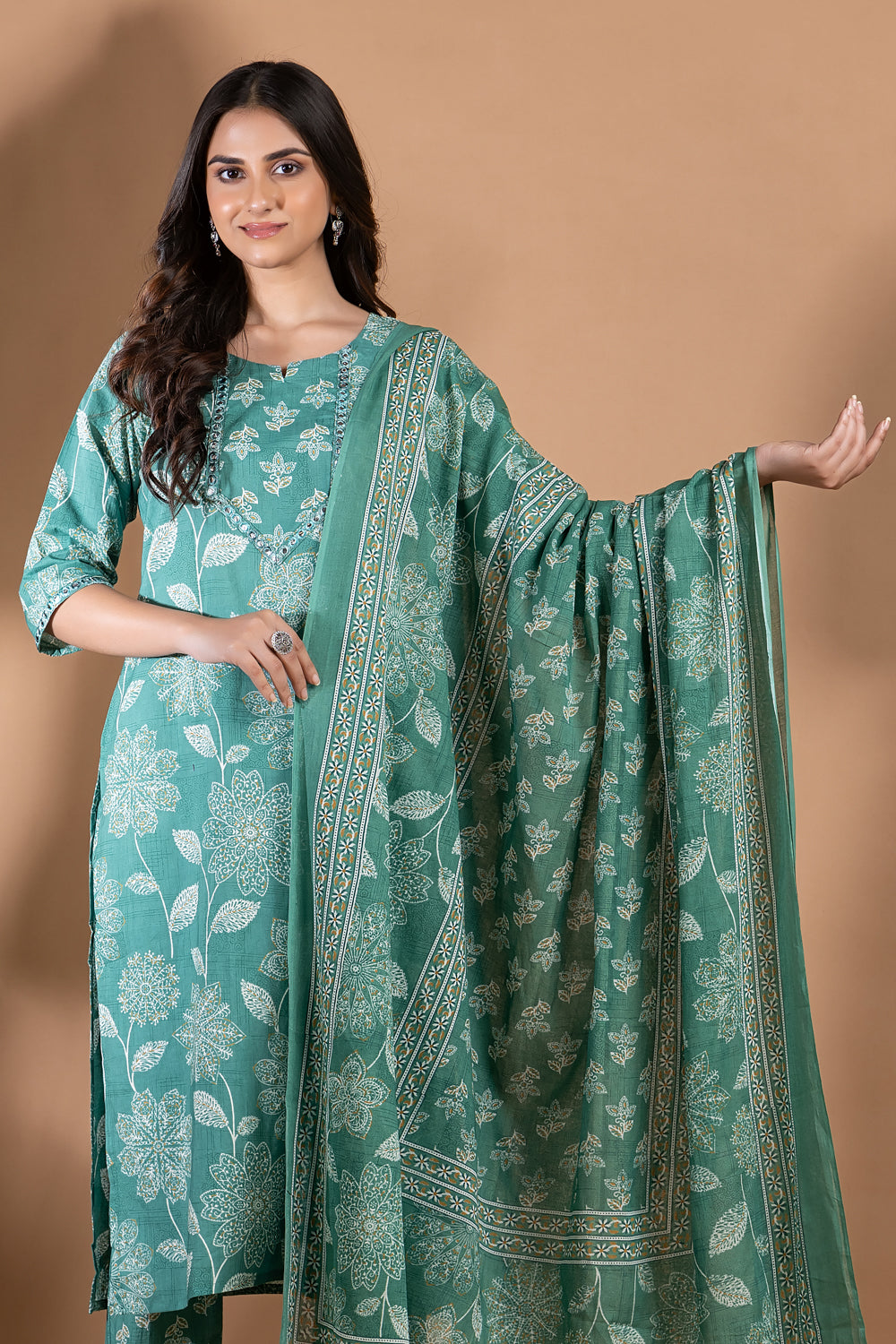 Green Embroidered Kurta With Pant & Dupatta