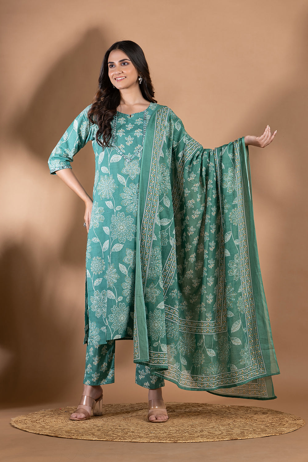 Green Embroidered Kurta With Pant & Dupatta