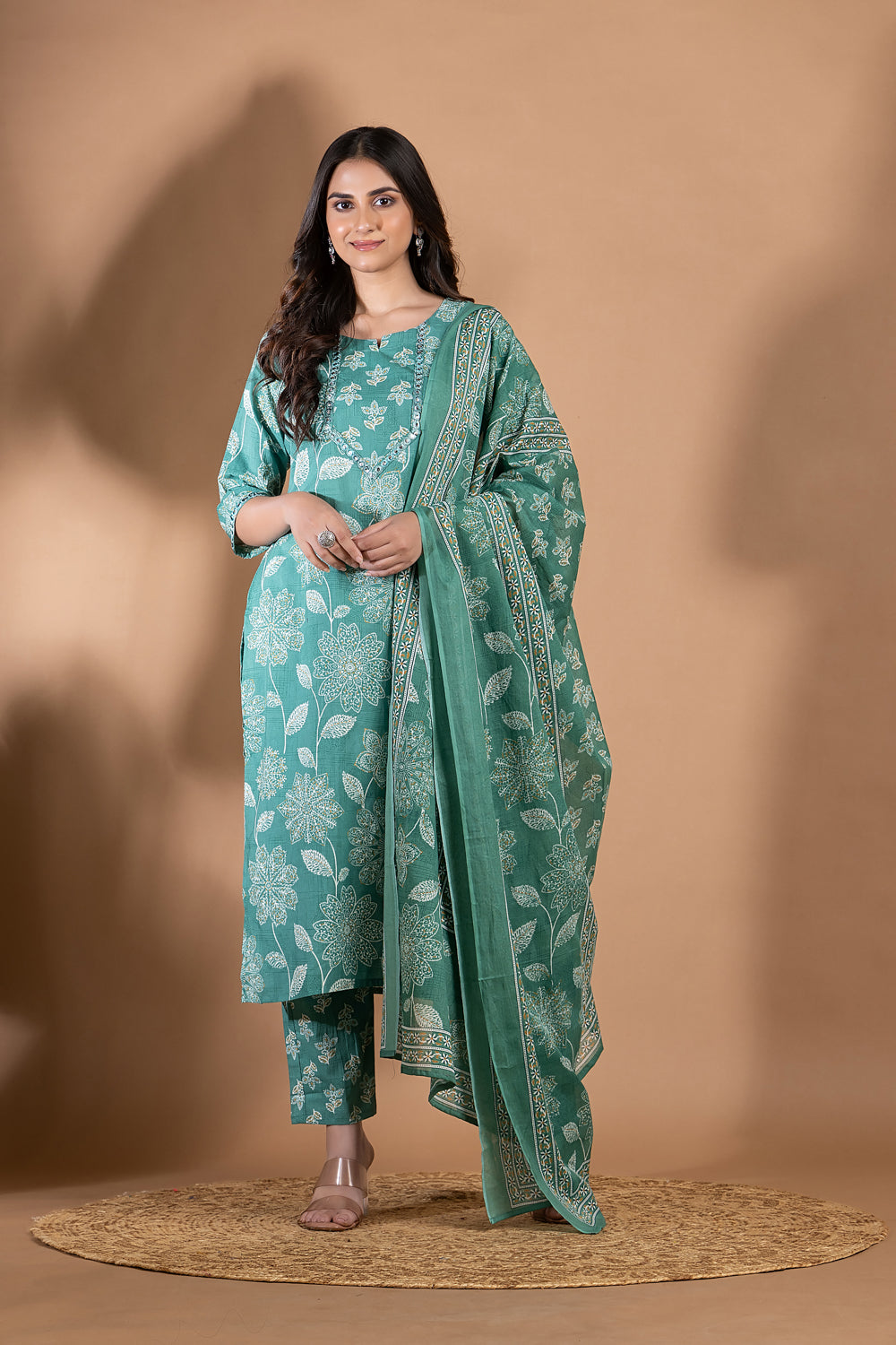 Green Embroidered Kurta With Pant & Dupatta