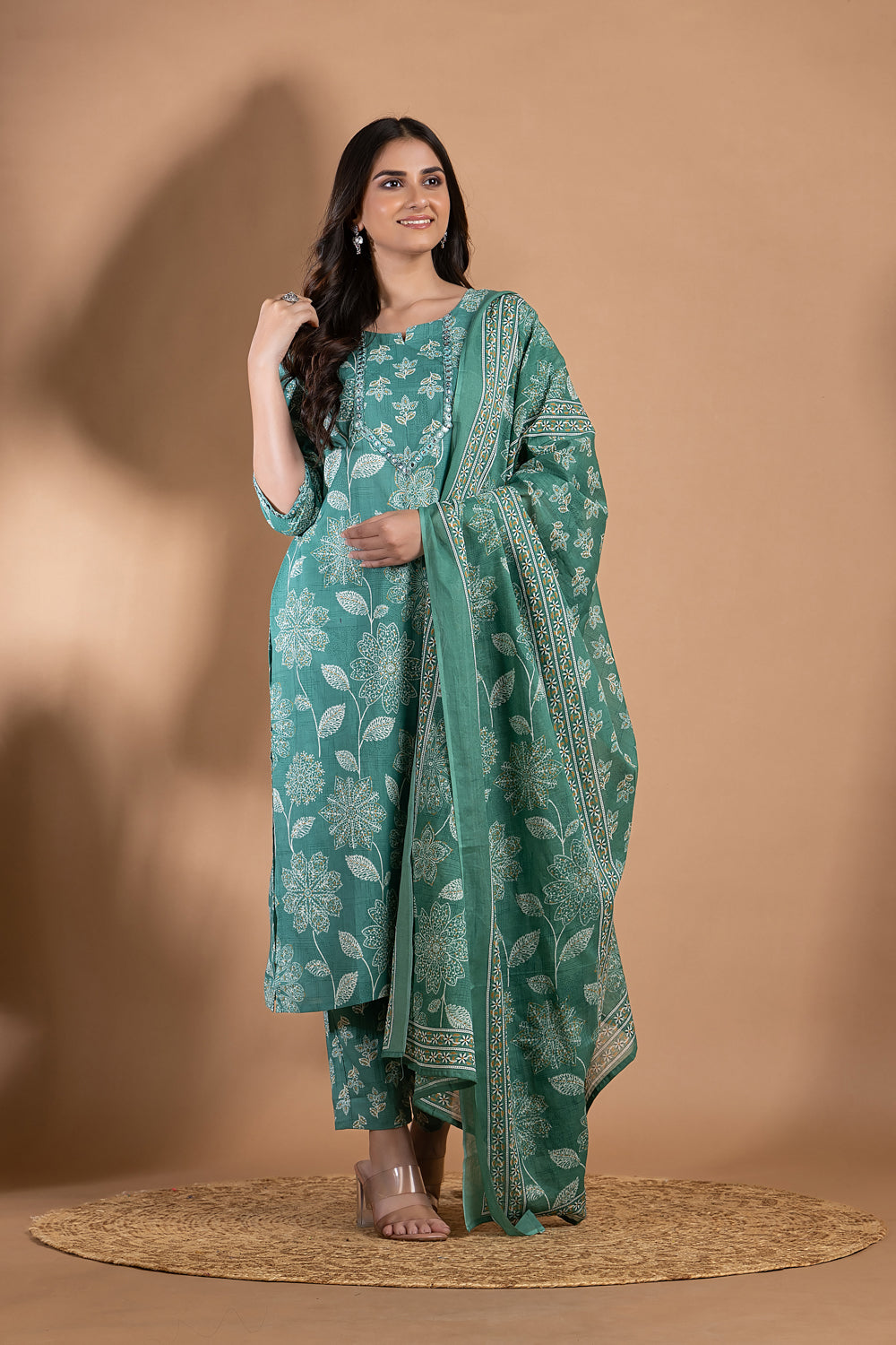 Green Embroidered Kurta With Pant & Dupatta