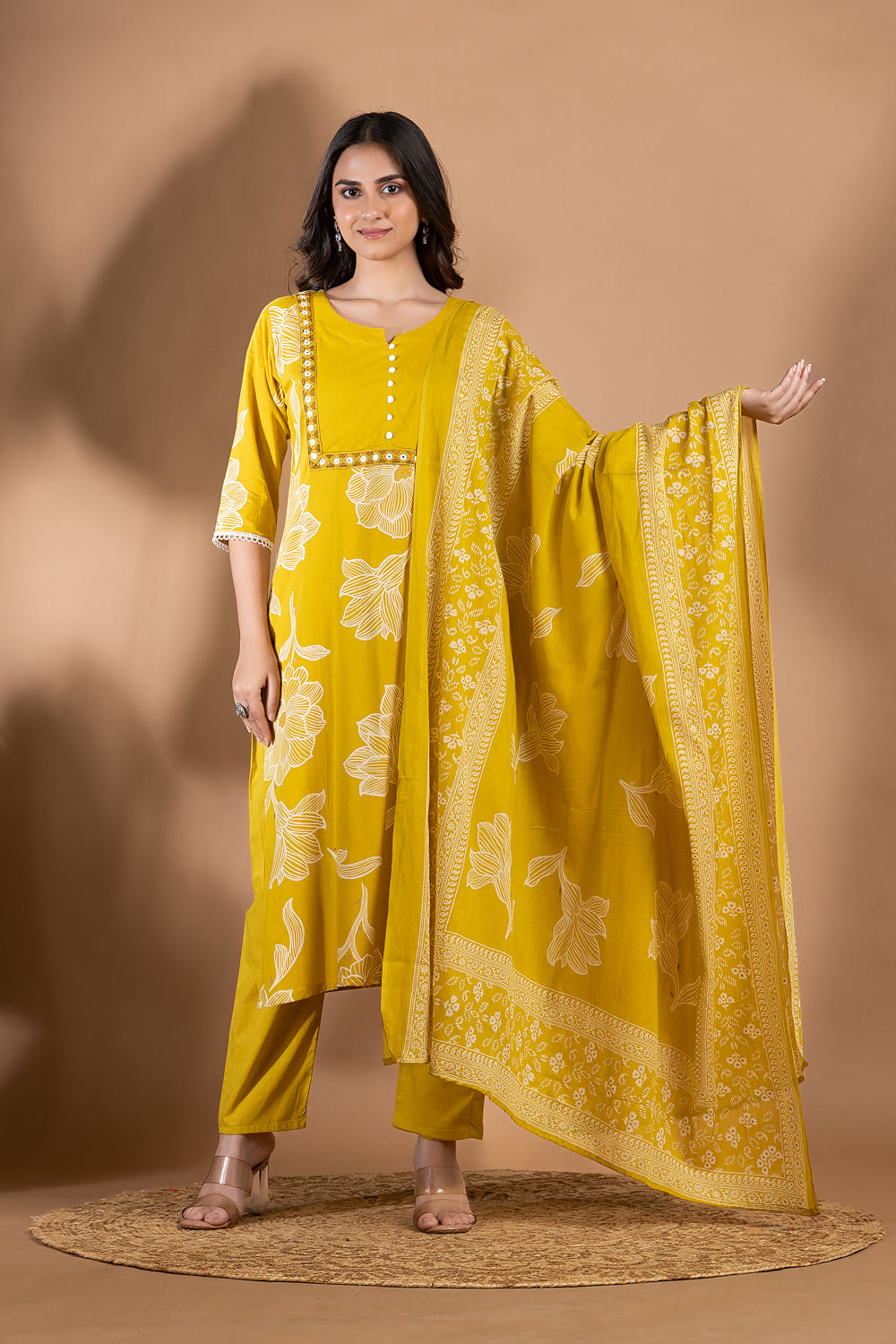 Yellow Green Embroidered Kurta With Pant & Dupatta