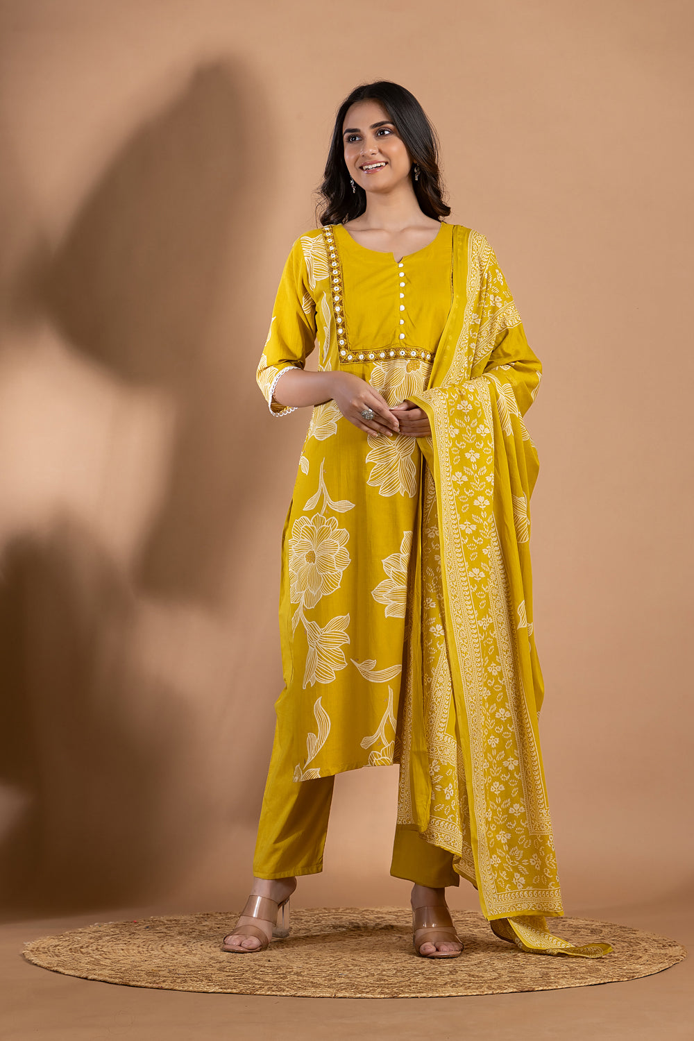 Yellow Green Embroidered Kurta With Pant & Dupatta